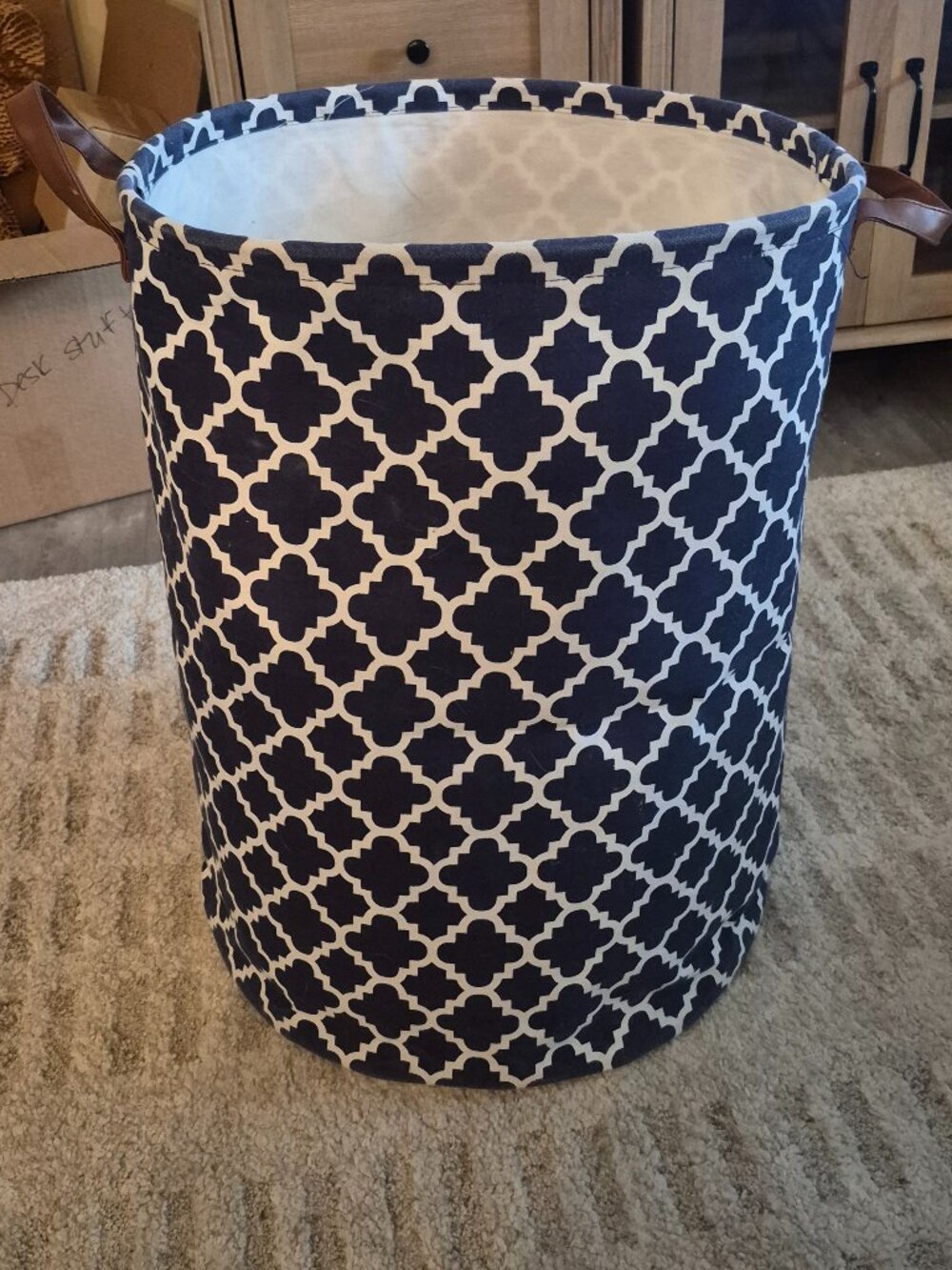48L TOTANKI Collapsible Laundry Hamper w/Faux Leather Handles(Dark Blue Lattice)